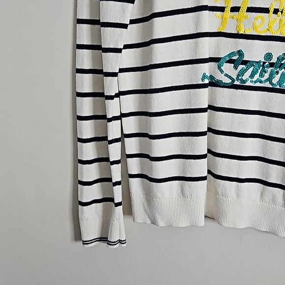 TALBOTS Ivory Hello Sequin Button-Back Crewneck Sweater Medium Black Striped - Picture 7 of 12